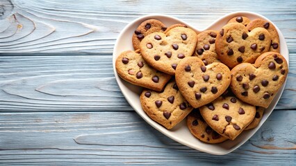 Naklejka premium Heart shaped chocolate chip cookies on a plate viewed from below