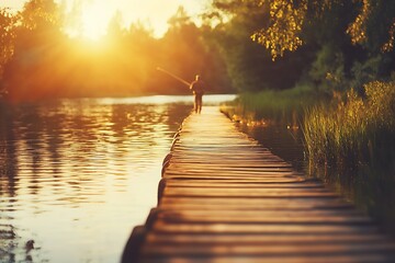 Obraz premium Fisherman walking along wooden pier at sunset fishing in lake