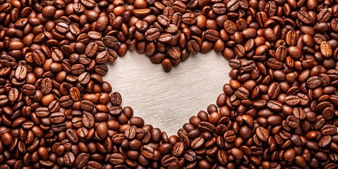 Heart shaped coffee beans in a frame with roasted coffee beans forming a heart shape, shot at a tilted angle