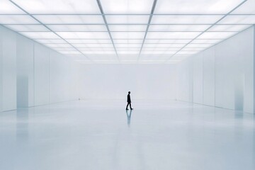 Minimalist White Room with Grid Ceiling and Single Figure