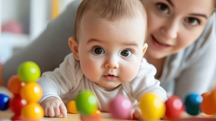 Obraz premium Baby exploring colorful toys with attentive mother in a cozy indoor setting.
