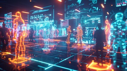 Digital People in a Neon Futuristic City