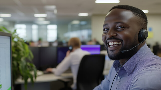 Smiling customer rep in office wears earphones, talks to customers. Shows positive work culture.