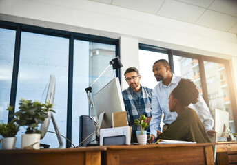 Group, computer and reading of project, office and intern with lead graphic designer, review and...