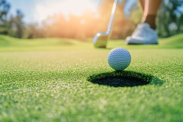 A golfer prepares to putt as the ball nears the hole on a bright green course, capturing a moment of focus in the game of golf.