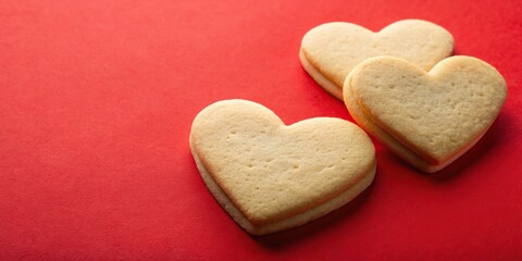 Fototapeta premium Heart shaped sugar cookies arranged in leading lines on a vibrant red background