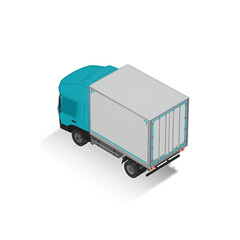 3D Isometric Cargo Truck Half Tone Vector Illustration Modern Cyan Cabine and White Van City Delivery Vehicle 4x2 Design for Logistics and Transport Presentation Social Media Video Promo Back Left