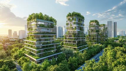 Obraz premium Eco friendly city architecture with sustainable green buildings covered in plants. Concept of ecology, green city, sustainability, urban development, and environmental conservation.
