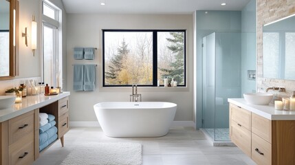 Modern Bathroom with Light Blue Walls and White Freestanding Tub.