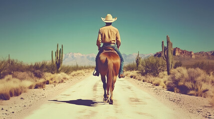 cowboy rides horse down dusty desert road. He is wearing cowboy hat and riding away from camera.
