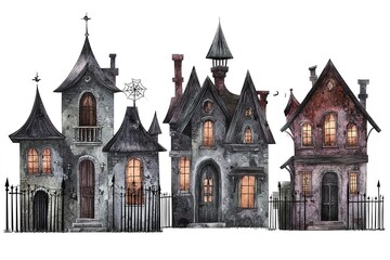 Fototapeta premium Watercolor black victorian house with pimkins halloween decor. Dark illustration on a white background 