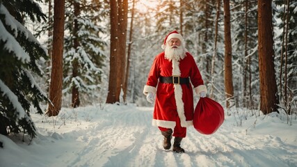 Fototapeta premium Santa Claus walking in winter forest. Christmas and New Year concept.