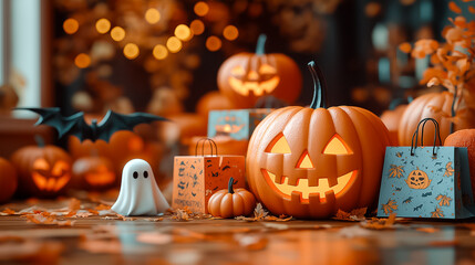 Colorful jack-o-lanterns illuminate a cozy space filled with autumn leaves, cute ghost figures, and trick-or-treat bags, perfect for Halloween celebrations