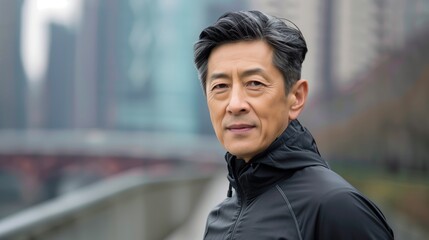 Obraz premium Happy older Asian man exercises outdoors, focused and enjoying his routine in the city