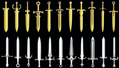 Sword vector collection, medieval weapons, gold and silver swords, fantasy, double edge blades, cross guards, hilt designs, knights combat tool illustration, ancient armory, historical, shiny swords
