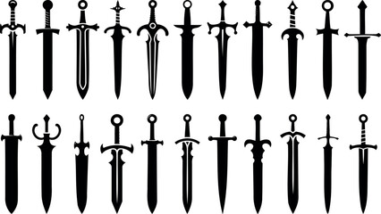 Sword silhouette collection, swords vector illustration. Medieval sword, dagger, cross guard. Black weapon designs, different shapes and styles isolated on white background