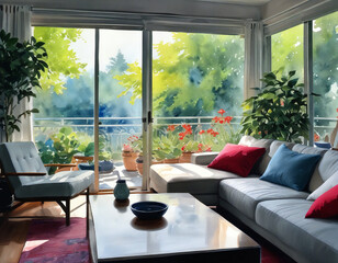 A cozy modern living room with panoramic windows and a large terrace