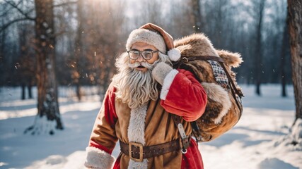 Fototapeta premium Portrait of a bearded Santa Claus in the winter forest. Christmas concept.