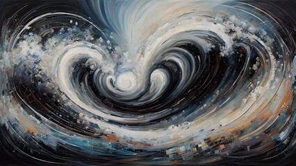 Abstract painting with swirling lines in dark and light colors.