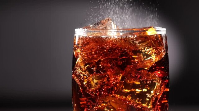 Glass of cola. Ice cola with splashing bubbles slow motion.