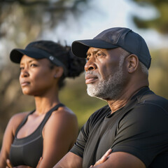 An older Black man and woman exercise outside, focusing intently as they work towards fitness