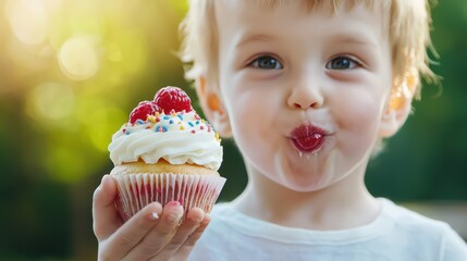 Happy child enjoying a colorful cupcake with playful expression outdoors.