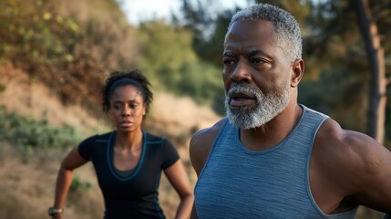 Fototapeta premium Focused older Black man and woman workout together in a natural setting