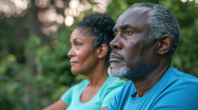 An older Black couple engages in exercise, looking thoughtfully off to the side in nature