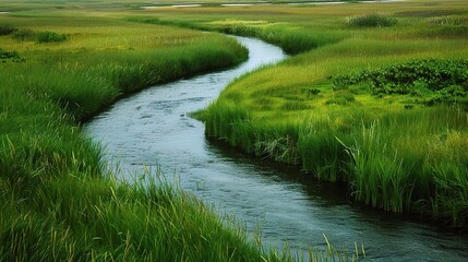 Beautiful Grassland River and Green Grassland Background: A Serene Natural Scene. Admire the Peace and Beauty