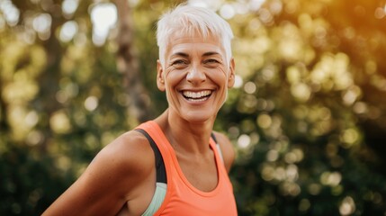 An older woman joyfully engages in outdoor exercise, radiating happiness and focus