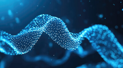 DNA molecule wireframe structure, intricate mesh design against a deep blue starry background, representing advanced scientific technology concepts