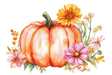 sunflowers and pumpkins watercolor drawing, hand painted on white background
