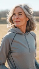 An older woman engages in outdoor exercise, radiating happiness and focus as she gazes away