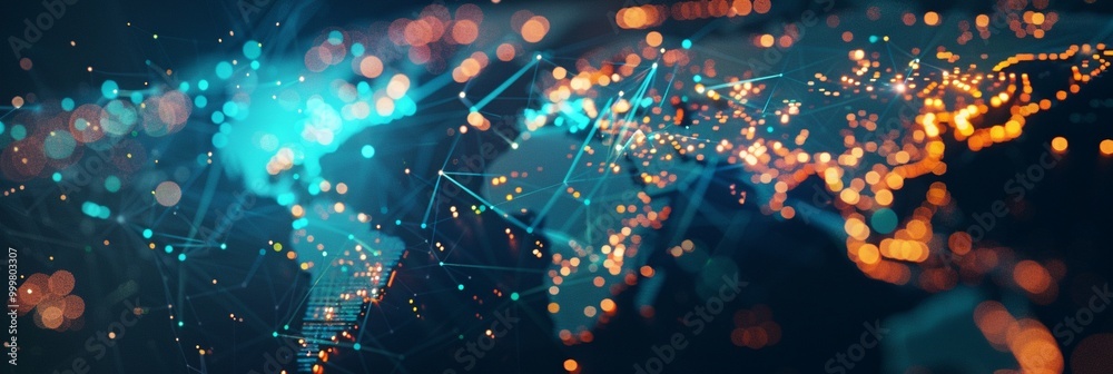 Wall mural futuristic global network visualization with glowing nodes and connections, representing digital tra