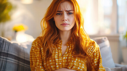 Young woman experiencing abdominal discomfort, seated on a cozy sofa in a domestic setting, displaying signs of distress and concern.