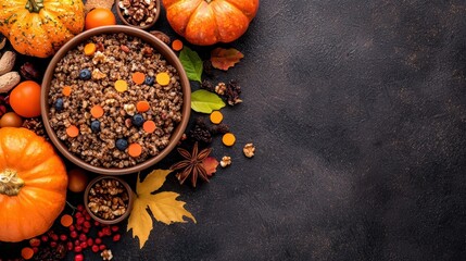 A comforting autumn meal spread featuring personalized nutrition labels highlighting the health benefits of each dish promoting mindful eating during the season