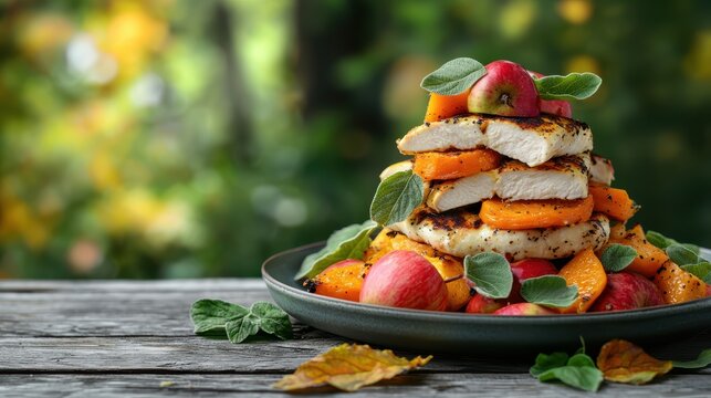 Closeup of a beautifully plated autumn dish tailored to specific dietary needs showcasing seasonal ingredients like squash and apples emphasizing personalized nutrition