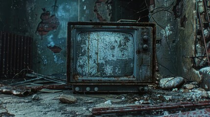 An old television set sitting on a grimy floor, with a retro aesthetic