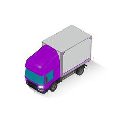 3D Isometric Cargo Truck Half Tone Vector Illustration Modern Violet Cabine and White Van City Delivery Vehicle 4x2 Design for Logistics and Transport Presentation Social Media Video Promo Front Left