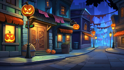 Fototapeta premium Charming Halloween Night Street: Houses Adorned with Pumpkins and Jack-O'-Lanterns