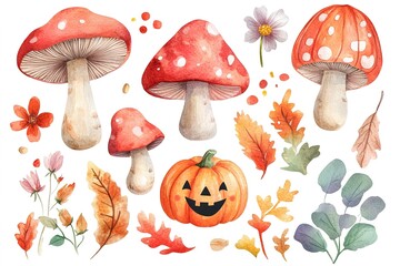 A set of edible mushrooms. As well as wild berries, cones, leaves and acorns. Isolated elements on a white background. Watercolor hand drawing.
