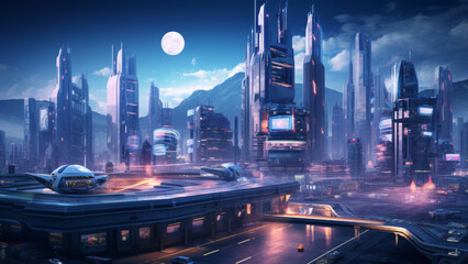 Futuristic cyberpunk city with blue and pink light trail. Concept sci fi downtown at night with skyscraper, highway and billboards. 