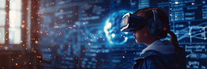 Woman immersed in virtual reality experience, surrounded by futuristic cityscape and glowing digital particles, exploring new technological frontiers.