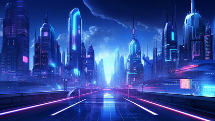 Futuristic cyberpunk city with blue and pink light trail. Concept sci fi downtown at night with skyscraper, highway and billboards. 