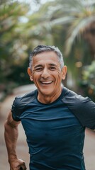 An older Hispanic man enjoys exercising outside with a cheerful demeanor while staying active