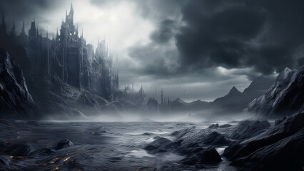 Obraz premium Background for a scary fairy tale background, a dark gothic castle in a dark dead valley, some kind of gray place in a gloomy area of a mountainous region. 