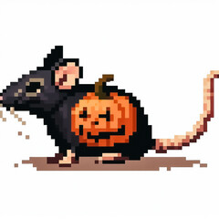 rat with a halloween pumpkin illustration pixel art style