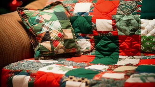 Cozy patchwork quilt with a matching pillow laying on a couch, bringing christmas spirit to a home. The warm colors of the quilt contrast with the bright christmas lights in the background