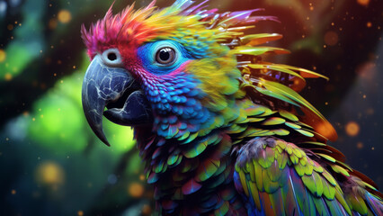 Fototapeta premium Stylized rainbow parrot, portrait. Parrot in cartoon style. Poster and wall prints.