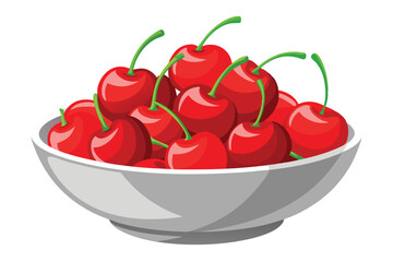 Bowl of fresh Red cherries, Vector illustration on white background.